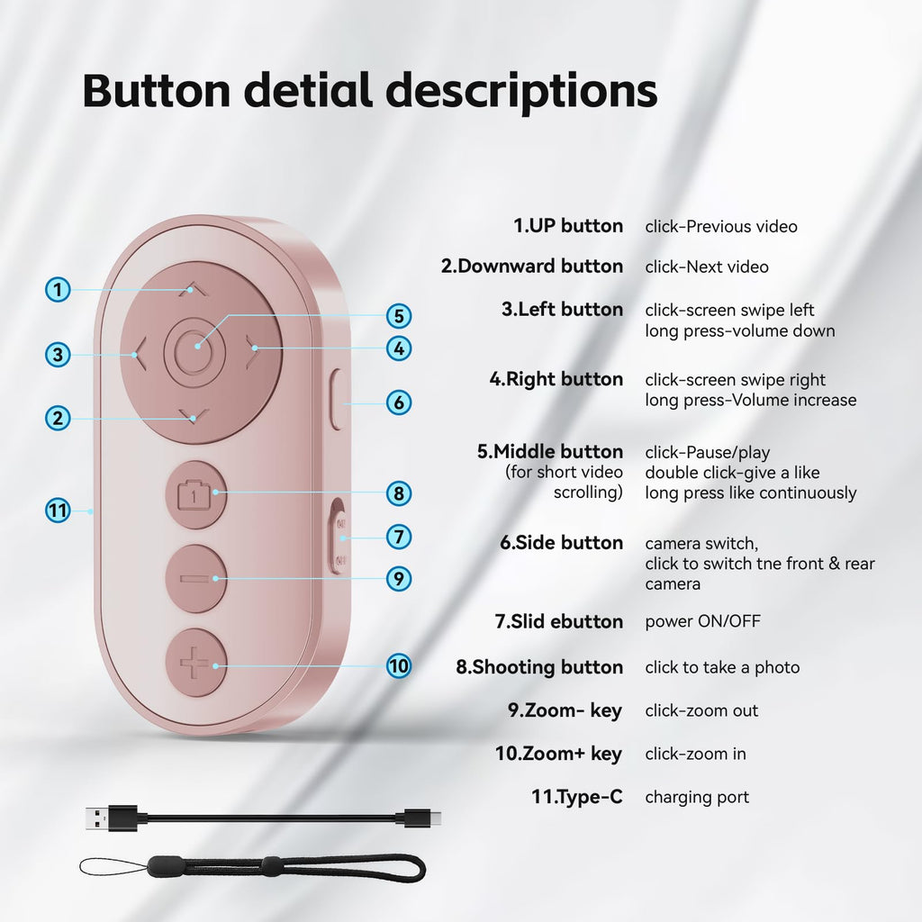 Bluetooth Camera Remote Shutter with Zoom and Front/Rear Camera Switch for Photo and Vlogging,Cllphone Remote Clicker for iOS & Android Smartphone, Wireless Video Scrolling for Tiktok