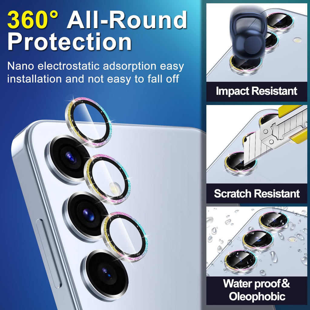 Avocase for Samsung Galaxy S25 Plus Camera Lens Protector, Individual Metal Ring Tempered Glass Lens Cover, [Strong Adsorption] Scratch Resistant Ultra-Thin HD Clear Lens Cover, 1 Set-Colorful Sparkly