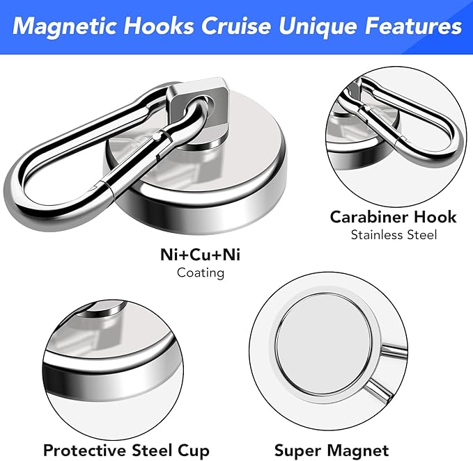 LOVIMAG Magnetic Hooks for Cruise Cabins, 70LBS Swivel Magnet Hooks, Cruise Must Haves with Swivel Carabiner Hook for Hanging, Strong Neodymium Magnets with Hook for Ceiling, Garage Etc-6 Pcs