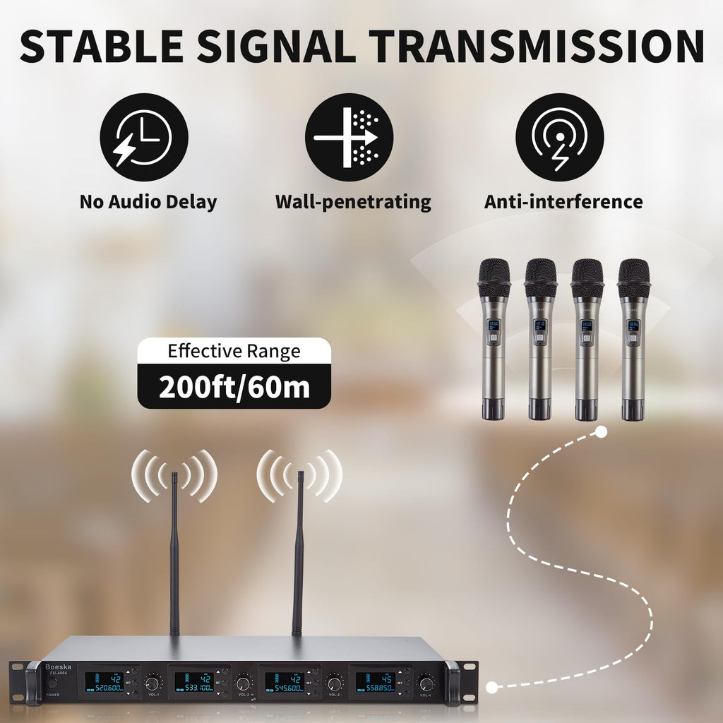 Boeska Wireless Microphone System, 4-Channel UHF Wireless Mic, Fixed Frequency Metal Cordless Mic with 4 Handheld Dynamic Microphones, 200ft Range, Mics for Singing, Church (4 Handheld)