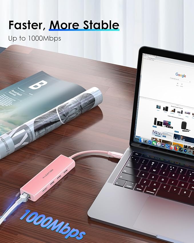 LENTION USB C Hub with Gigabit Ethernet Adapter, 4K HDMI, 3 USB 3.0 Port for 2024-2016 MacBook Pro 13/14/15/16, New Mac Air & Surface, Chromebook, More, Stable Driver Certified (CB-C25, Rose Gold)