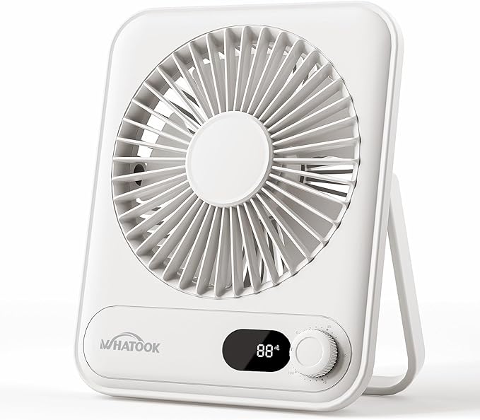 WHATOOK Small Desk Fan Personal Fans: 5000mah 25 Hours Battery Office Quiet Mini Desktop Fan Portable Rechargeable Travel Essentials (White, 5000)