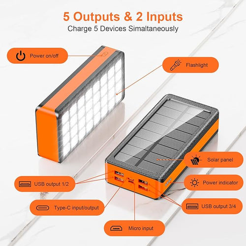 AEECESTORE Solar Charger Power Bank 66800mAh Portable Charger with USB-C in/Output 22.5W QC3.0 Fast Charging 5 Out Ports Battery Pack Built-in 32 Led Flashlights for Smartphone Tablet Camping