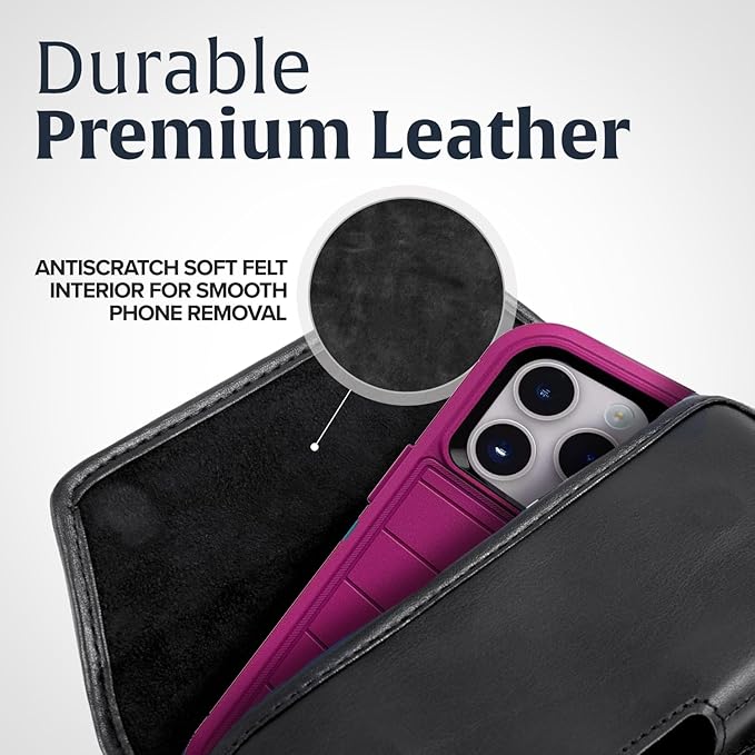 Turtleback Belt Holder for iPhone 16 Pro, 16e, 15 pro 14 Pro 13 Pro -Large- Fits w/Defender Bulky Style Cases, Premium Black Leather, Horizontal Case, Magnetic Closure Leather Wrapped Belt Clip