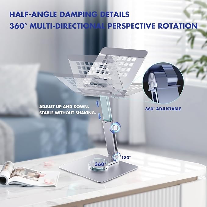 GuaziV 360° Rotating Tablet Stand - Adjustable iPad Tablet Holder for Desk, Foldable iPad Swivel Stand for Home & Office (Sleek Silver)