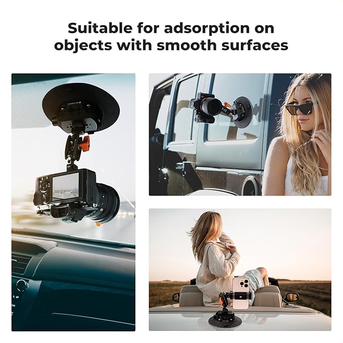 K&F Concept 6" Suction Cup Camera Mount with Magic Arm, ARRI Style 1/4" 3/8" Threads, Quick Release Car Mount for DSLRs Action Camera Phone Video Shooting Compatible with Hero 13 12 DJI Insta360