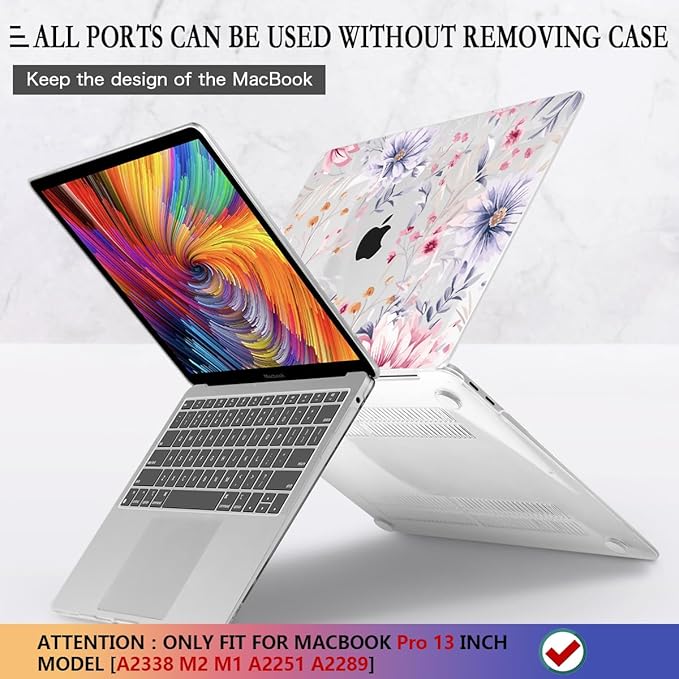 CISSOOK Flower Case for MacBook Pro 13 Inch M2 A2338 M1 A2251 A2289 Model 2025-2020 Released, Plastic Floral Cover with Keyboard Cover Protector for MacBook Pro 13 with Touch bar, Flowers Watercolor