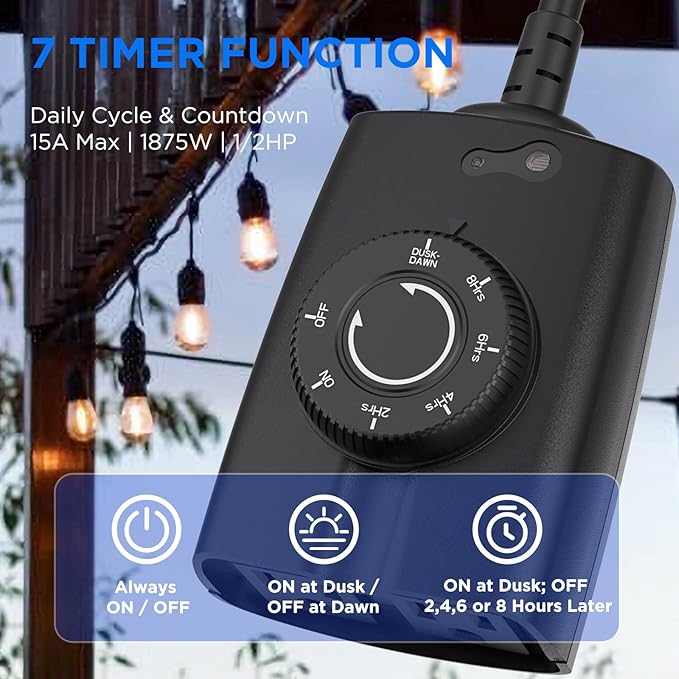 G-Homa Dusk to Dawn Outdoor Timer for Light Sensor Timer Waterproof 2 Grounded Outlets Timers for Christmas Light, 15A 1/2HP, CSA Listed (Turns on After Dusk)