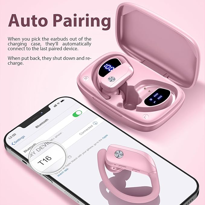 bmanl Wireless Earbuds Bluetooth Headphones 48hrs Play Back Sport Earphones with LED Display Over-Ear Buds with Earhooks Built-in Mic Headset for Workout Pink