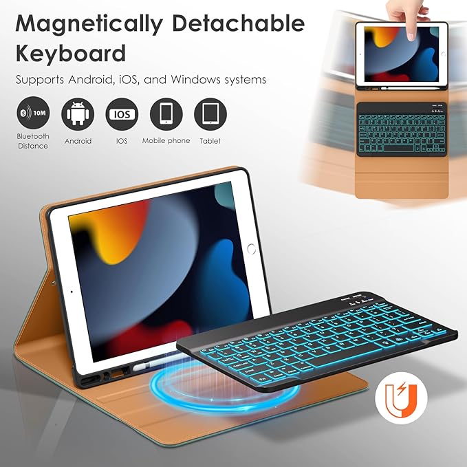 DTTO for iPad 9th/8th/7th Generation 10.2" Case 2021/2020/2019 with Keyboard, 7 Colors Backlit Wireless Detachable Keyboard Premium Leather Folio Cover with Pencil Holder & Pocket, Midnight Green