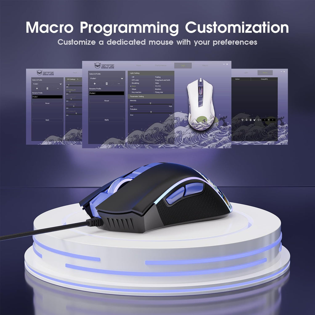 XVX Wired Gaming Mouse, 12000 DPI RGB Mouse with 12 Backlit Modes & 7 Macro Buttons, PC Gaming Mice Support DIY Keybinding, Gamer Computer Mice for Laptop PC Mac Windows, Kanagawa