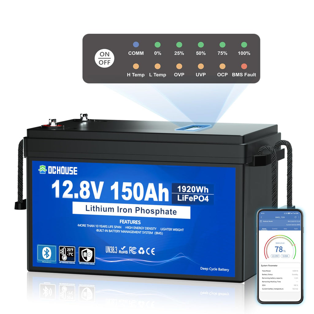 DC HOUSE 12V 150Ah LiFePO4 Lithium Battery with SOC Status Indicators, Bluetooth & Low Temp Cut-off, 12V Lithium Battery up to 15000 Cycles, 120A BMS Perfect for Trolling Motors, Marine, Solar, RV