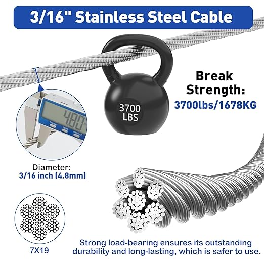 TooTaci 3/16" Stainless Steel Cable, 50ft Wire Rope with Aluminum Crimping Sleeve&Thimbles, 7x19 Strands, 3700lbs Breaking Strength Heavy Duty Aircraft Cable for Zipline, Deck Railing, Shade Sail