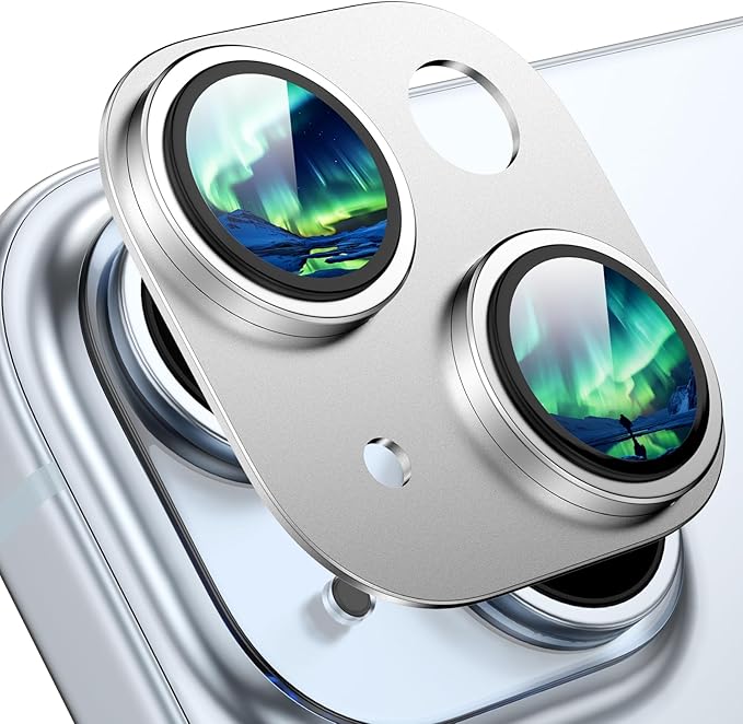 Compatible with iPhone 15/iPhone 14/iPhone 14 Plus/iPhone 15 Plus Camera Lens Protector, [Case-Friendly][Strong Adsorption][AR Anti-Reflection] Tempered Glass Full Coverage,Silver