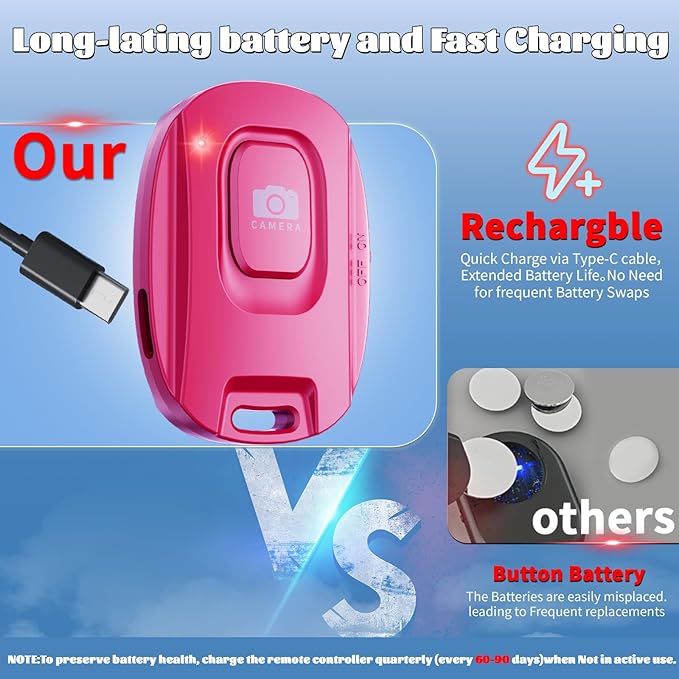 MAIRAN Rechargeable Wireless Camera Remote Shutter for iPhone and Android Smartphones, Bluetooth Phone Remote Control,Selfie Button for Photos and Videos Charging Cable Included-Pink