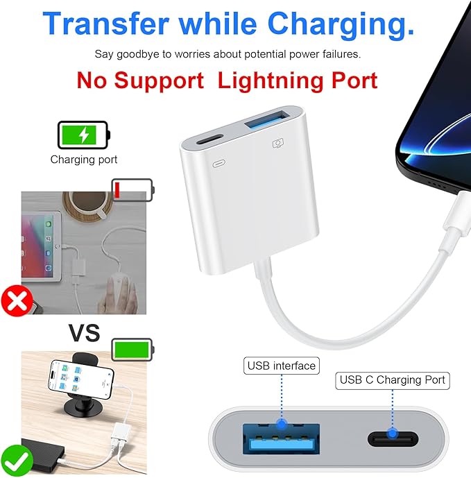 USB C to USB Camera Adapter with Charging Port for Samsung Galaxy A17 A16 5G A15 A54 A35 A56 S25 Ultra S24 FE, iPhone 16 15, USB 3.0 Female OTG Cable Adapter for Card Reader,Flash Drive,MIDI Keyboard