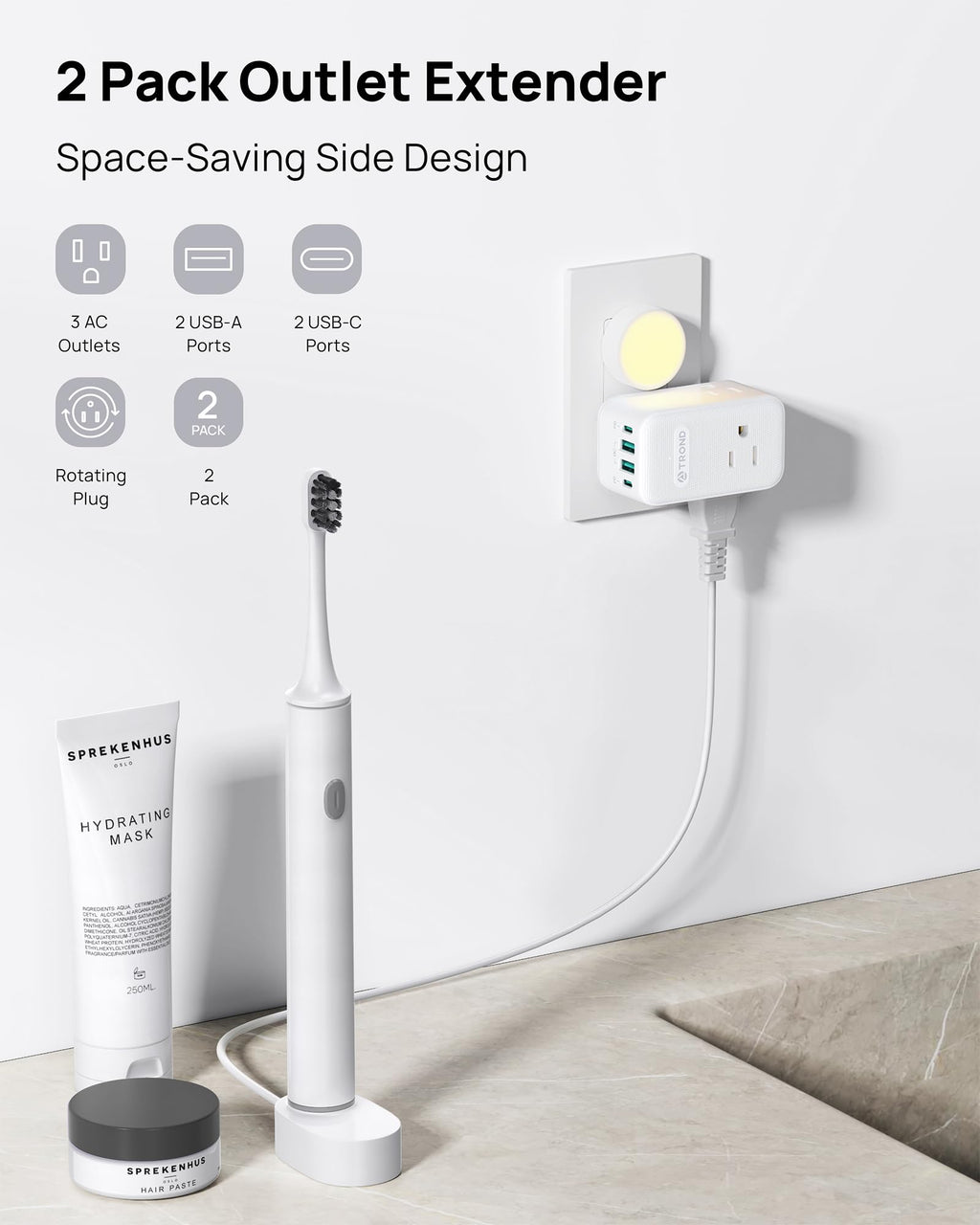 TROND Multi Plug Outlet Extender 2 Pack with 3 Way Outlet Splitter and USB