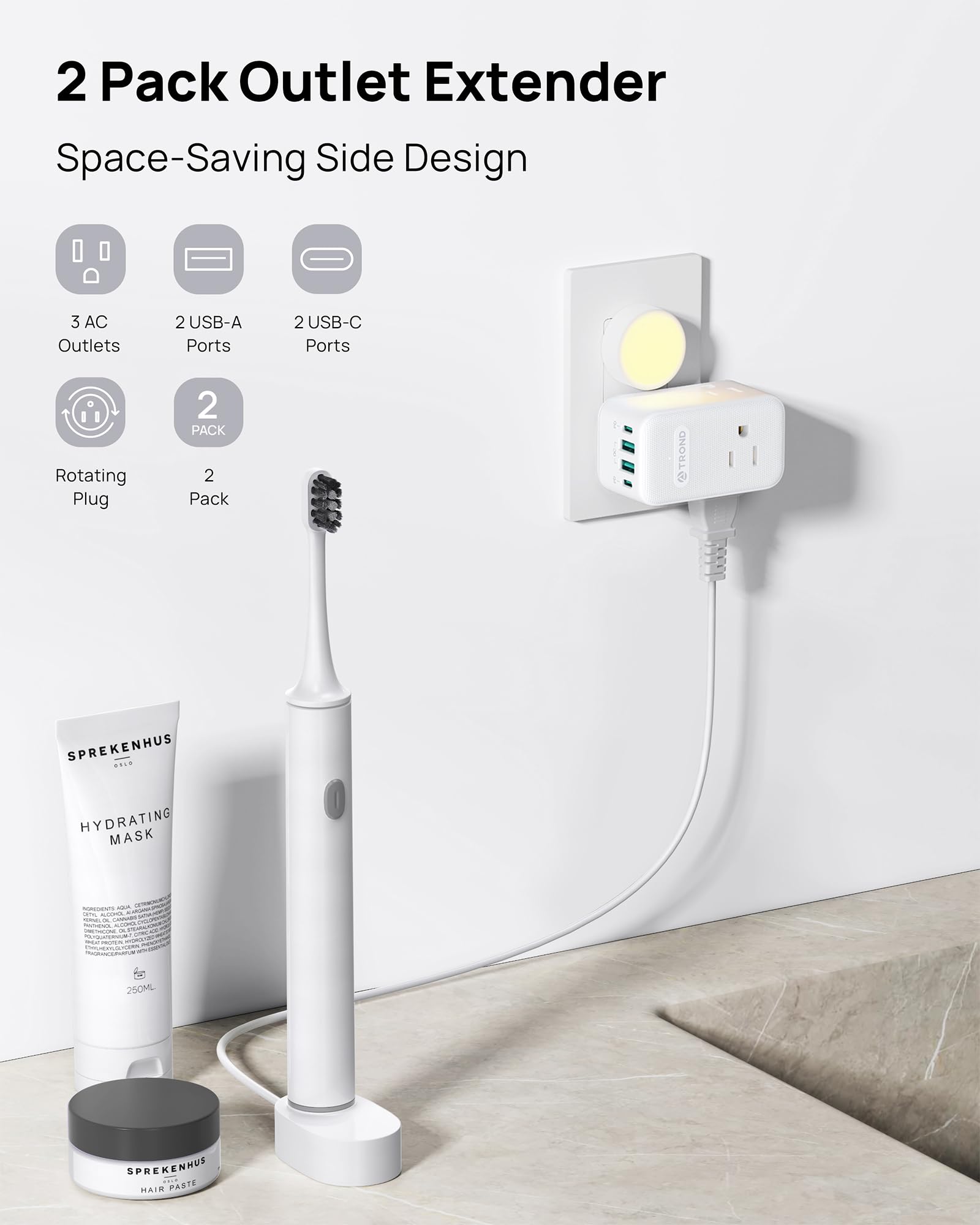 TROND Multi Plug Outlet Extender 2 Pack with 3 Way Outlet Splitter and USB