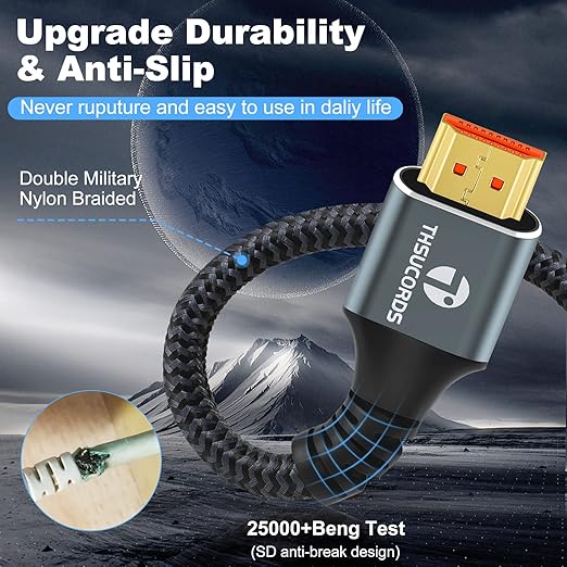 8K 4K HDMI Cable 15FT, High Speed Braided HDMI to HDMI 2.1 Cord Supports 8K@60Hz, 4K@120Hz 144Hz 48Gbps Compatible with Roku TV/PS5/HDTV/Blu-ray