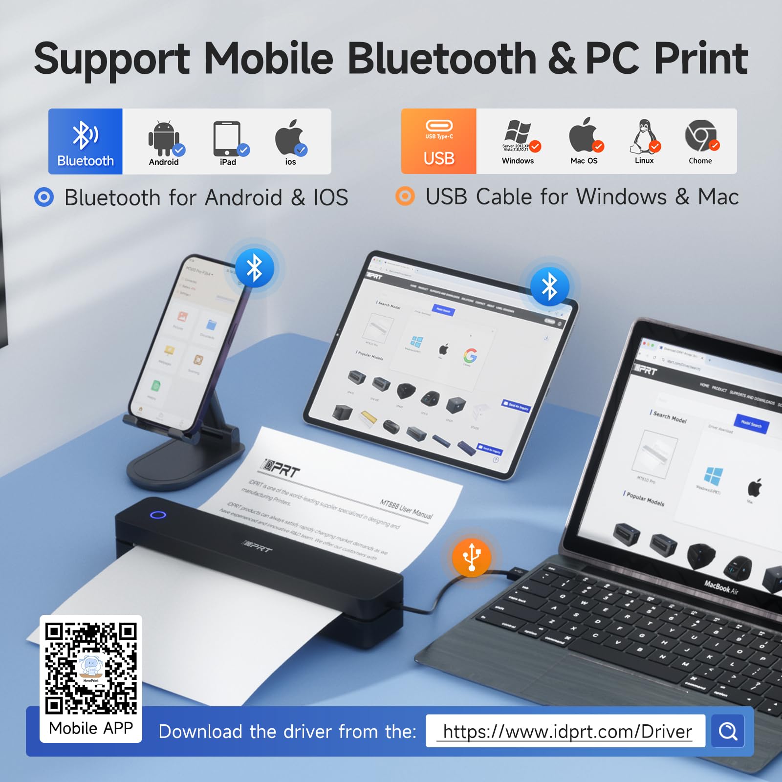 iDPRT Portable Printer Wireless for Travel - Bluetooth Mobile Printer Support for 8.5"x11" US Letter, Inkless Compatible with iOS, Android, Laptop for Office, Car and Home (pro, Black)