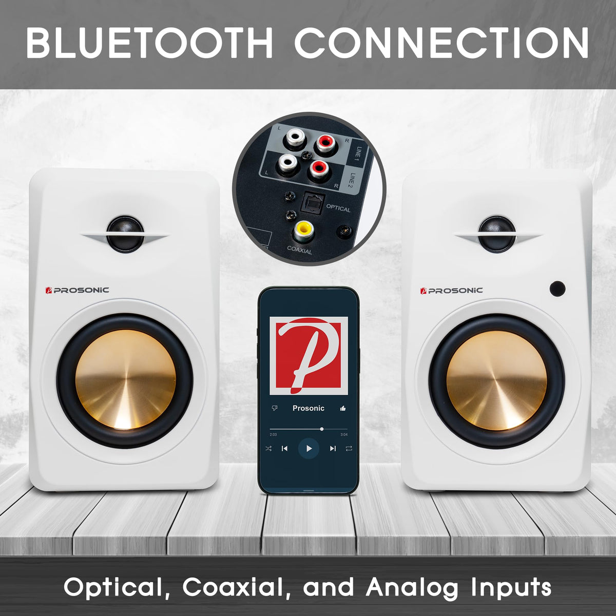 Prosonic BT30 White Bookshelf Speakers - Active Bluetooth 5.3 Powered Studio Monitors, 80W Desktop Computer Audio System with Optical/Coaxial/Aux for Turntable, Home Theater, TV & PC