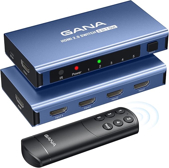 HDMI Switch 5 in 1 Out 4K@60Hz, GANA HDMI Splitter Switcher with Remote, Aluminum HDMI 2.0 Switch Box Hub for 3D, HDCP2.2, HDR, Compatible with Xbox, PS5/4/3,Fire Stick,Roku,Blu-Ray Player, Blue