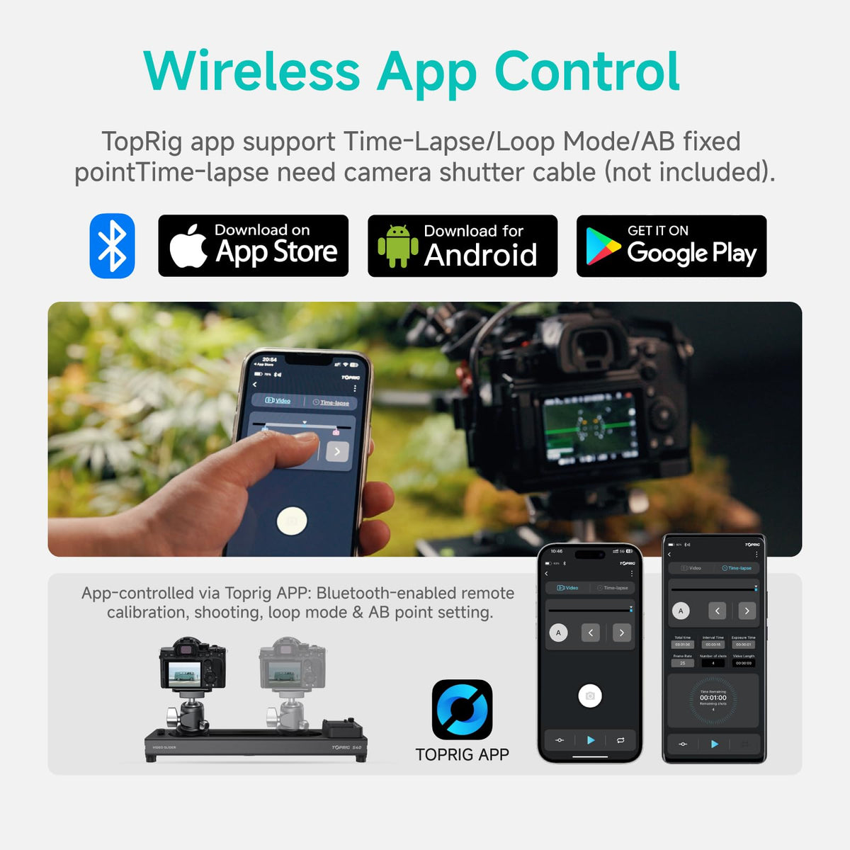 Accsoon Toprig Motorized Camera Slider, Wireless DSLR Video Slider with Button/APP Control, Time-Lapse/Loop Mode, Speed Knob, 120° Panoramic Shooting, Compatible with GoPro, Camera-24inch Video Slider
