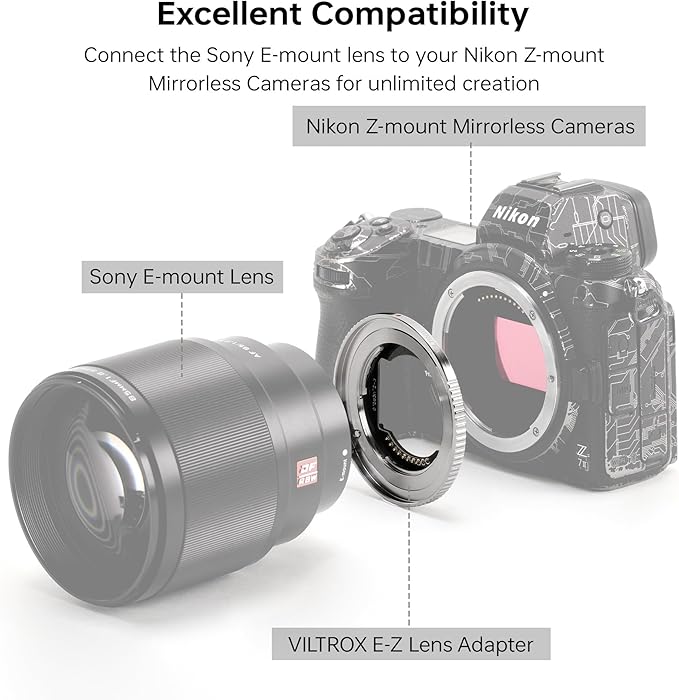 VILTROX E-Z Lens Adapter, E-Mount Lens to Z-Mount Camera Auto Focus Lens Adapter Compatible with Sony E-Mount Lens to Mirrorless Nikon Z-Mount Cameras Z5 Z50 Z6 Z6II Z7 Z7II Zfc