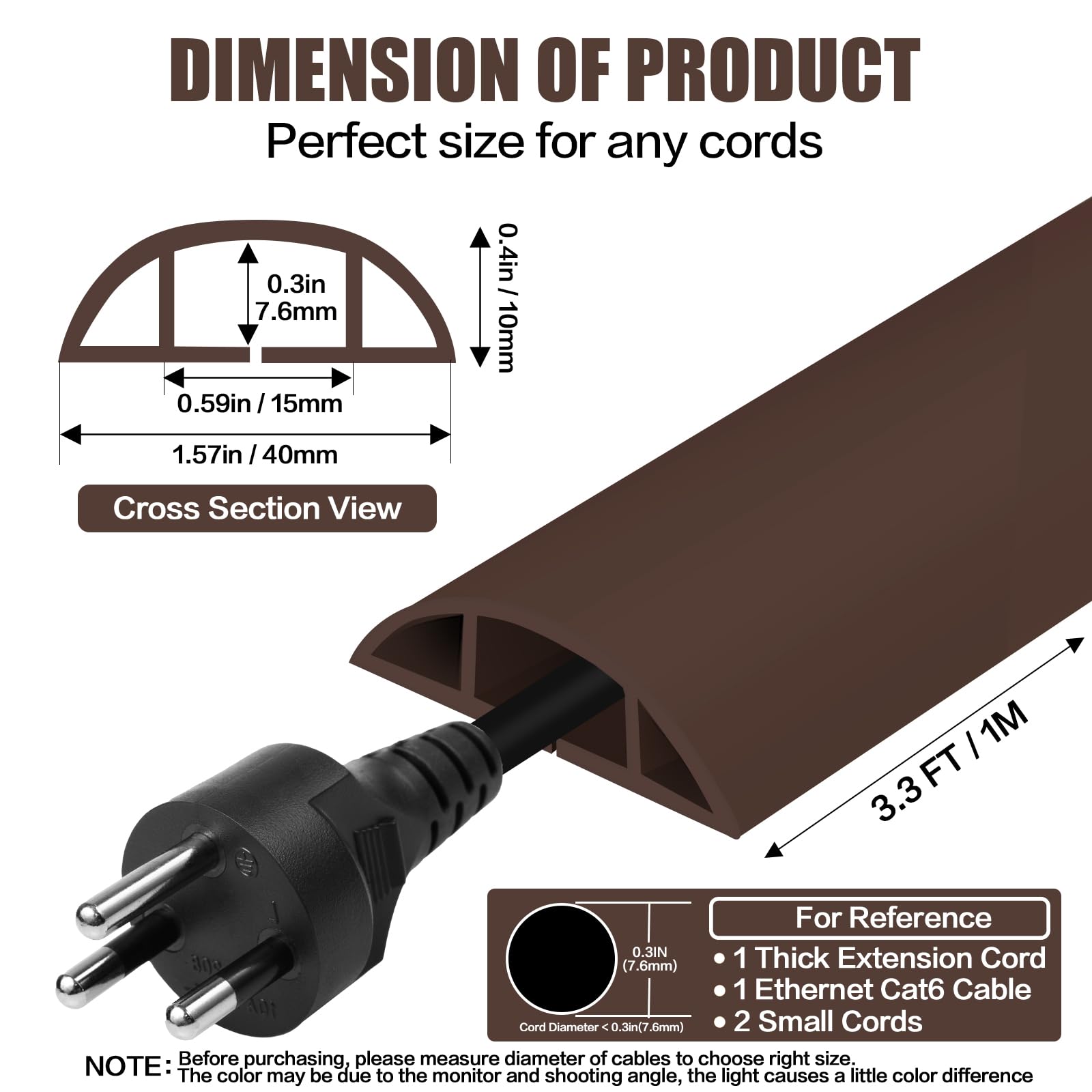Floor Cord Cover Self Adhesive Cord Hider,3.3FT Cable Management, Extension Strip Protector for Wires, Prevent Cable Trips for Offices, Gyms, Exhibitions Cavity:0.51"(W) x 0.3"(H) Coffee