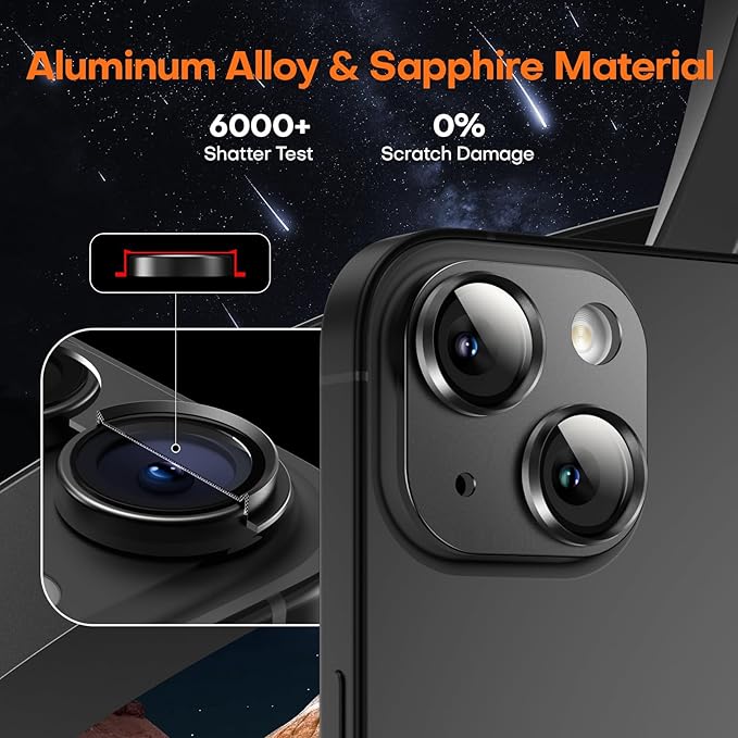 Camera Lens Protector for iPhone 15/iPhone 15 Plus/iPhone 14/iPhone 14 Plus, Aluminum Alloy Tempered Glass Camera Cover Screen, Anti-drop, Case Friendly- Black Titanium