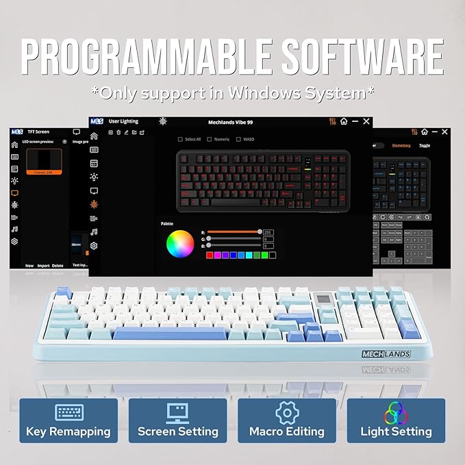 Vibe99 Wireless Gaming Keyboard with 1.06'' Screen, 96% Hot Swappable Creamy Mechanical Keyboard with Gasket Structure, BT5.0/2.4GHz/USB-C, 5-Layer Padding, RGB, NKRO for Win/Mac (Blue)