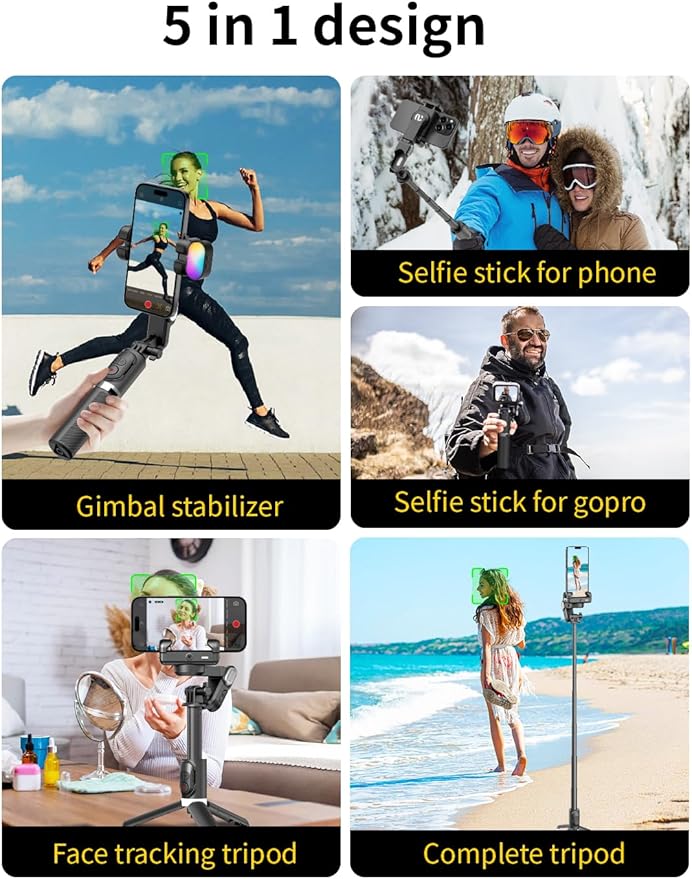 Gimbal Stabilizer for Smartphone, 4 in 1 Phone Gimbal w/360° Rotation for iPhone/Andriod Sefie Stick Tripod w/Auto Face Tracking and Wireless Remote for TIK Tok YouTube Vlogging-M1 Pro Black