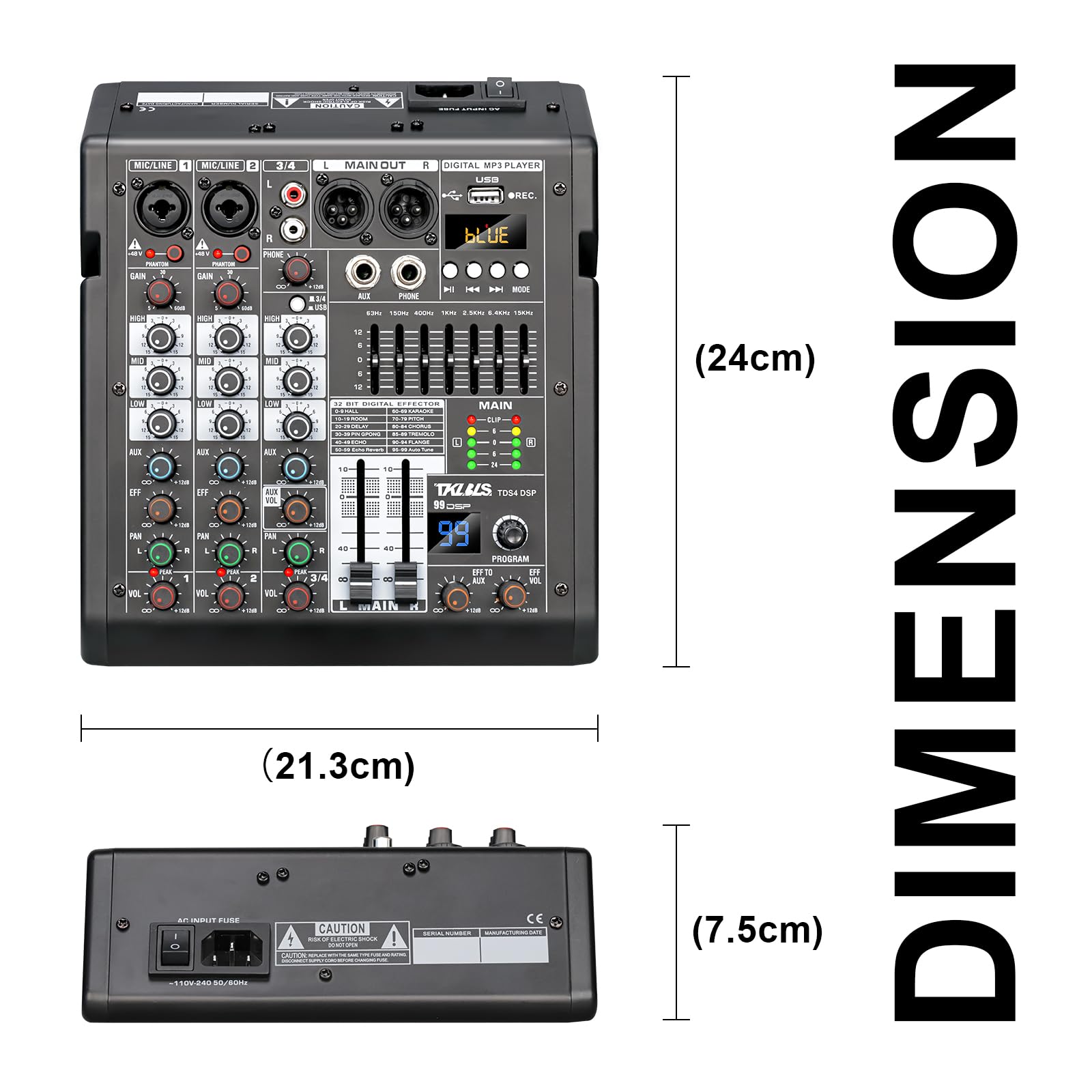 TKLBLS 4 Channel Audio Mixer for Home Audio, Sound Mixer Board with USB Interface, 99 DSP Effects, 48V Phantom Power, XLR Inputs for Karaoke, Recording