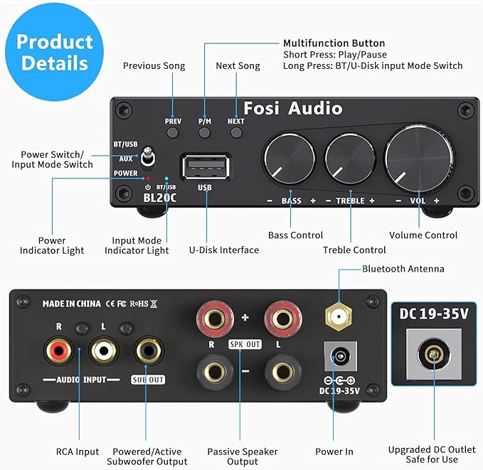 Fosi Audio BL20C Bluetooth 5.0 Stereo Audio Receiver Amplifier 320 Watts 2.1 CH Mini Hi-Fi Class D TDA7498E Integrated Amp U-Disk Player for Home Passive Speakers Powered Subwoofer(with Power Supply)