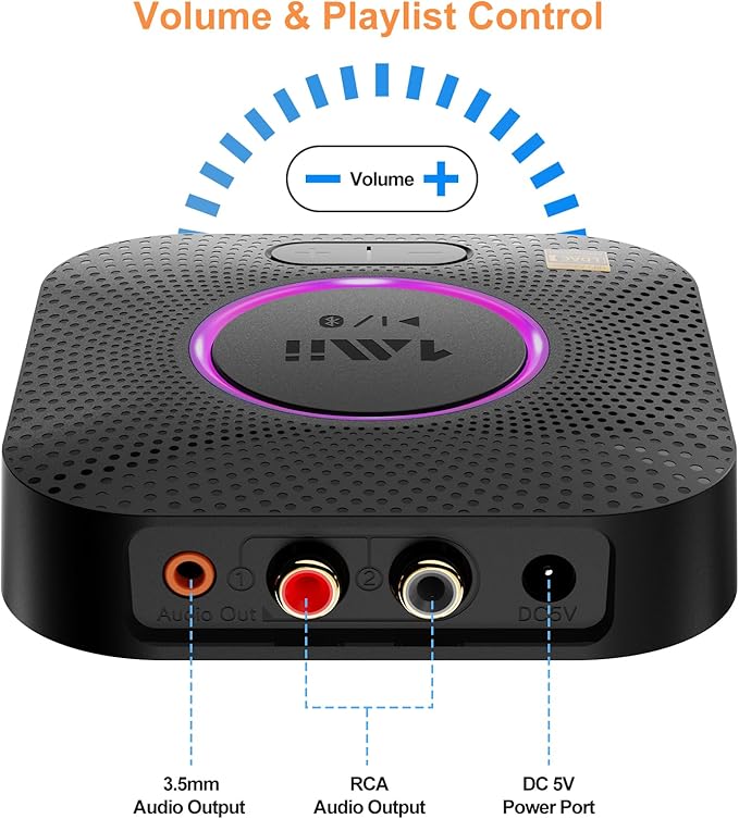 1Mii B06S+ Bluetooth 5.2 Receiver, HiFi Bluetooth Audio Adapter w/LDAC, aptx HD & aptx Low Latency, Long Range Hi-Res Audio with Volume Control, 3.5mm & RCA outputs, Easy Setup for Home Stereo System