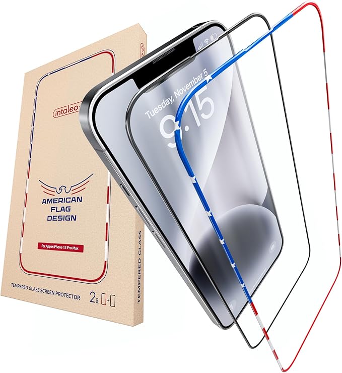 Screen Protector for 14Plus/13 Pro Max - Full Coverage Tempered Glass Screen Protector for 13 Pro Max and 14 Plus - 2 Pack (USA Flag and Classic Black) 9H Hardness, Oleophobic, Easy Install