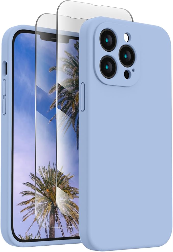 FireNova Designed for iPhone 13 Pro Max Case, Silicone [Camera Protection] Phone Case with [2 Screen Protectors], Soft Anti-Scratch Microfiber Lining Inside, 6.7 inch, Light Blue