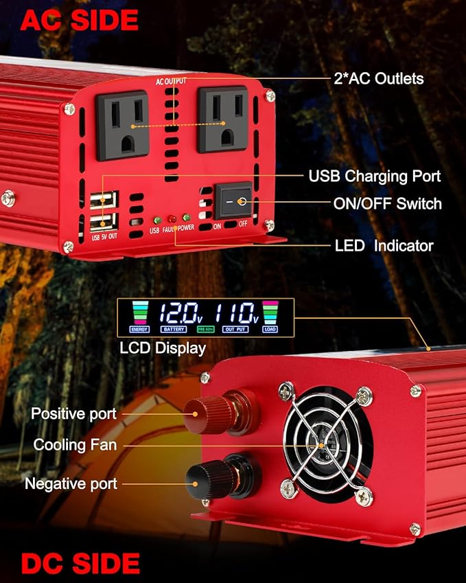 LVYUAN 1500W Car Power Inverter 12V to 110V DC to AC with 2 US Sockets, Cigarette Lighter, LCD Display, USB Ports for Car, Home, Truck, Outdoor, Camping