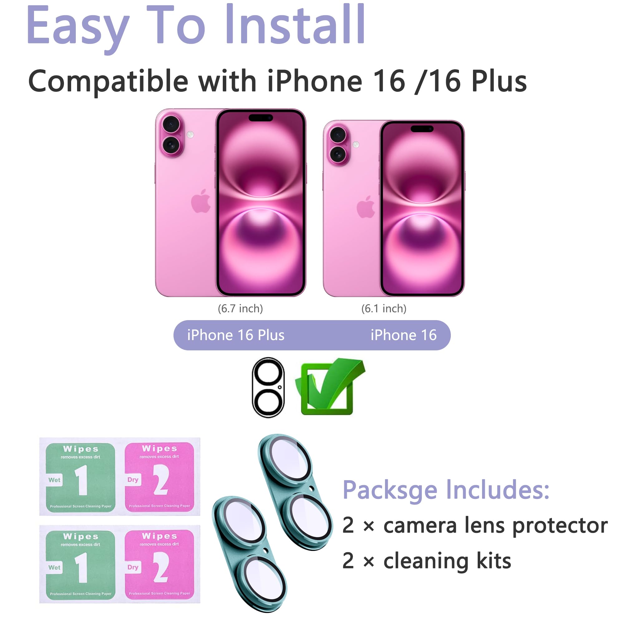 SHANG PIN JIA 2 Pack Camera Lens Protector for iPhone 16/16 Plus,[Not Easy to Breakn ] AR Tempered Glass Strong Adsorption Metal Camera Cover Screen-Cyan