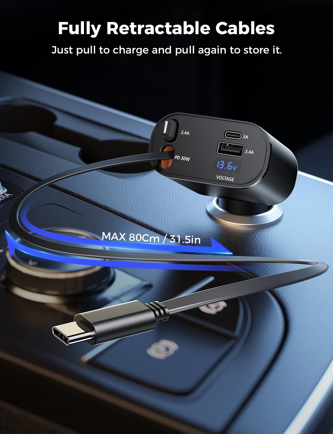 SUPERONE Retractable Car Charger, 4-in-1 Fast Phone Charger Adapter