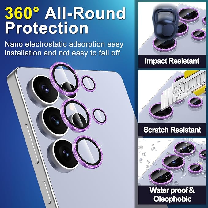 for Samsung Galaxy S25 Ultra Camera Lens Protector, Individual Metal Ring Tempered Glass Lens Cover, [Strong Adsorption] Scratch Resistant Ultra-Thin HD Clear Lens Cover, 1 Set-Purple Sparkly