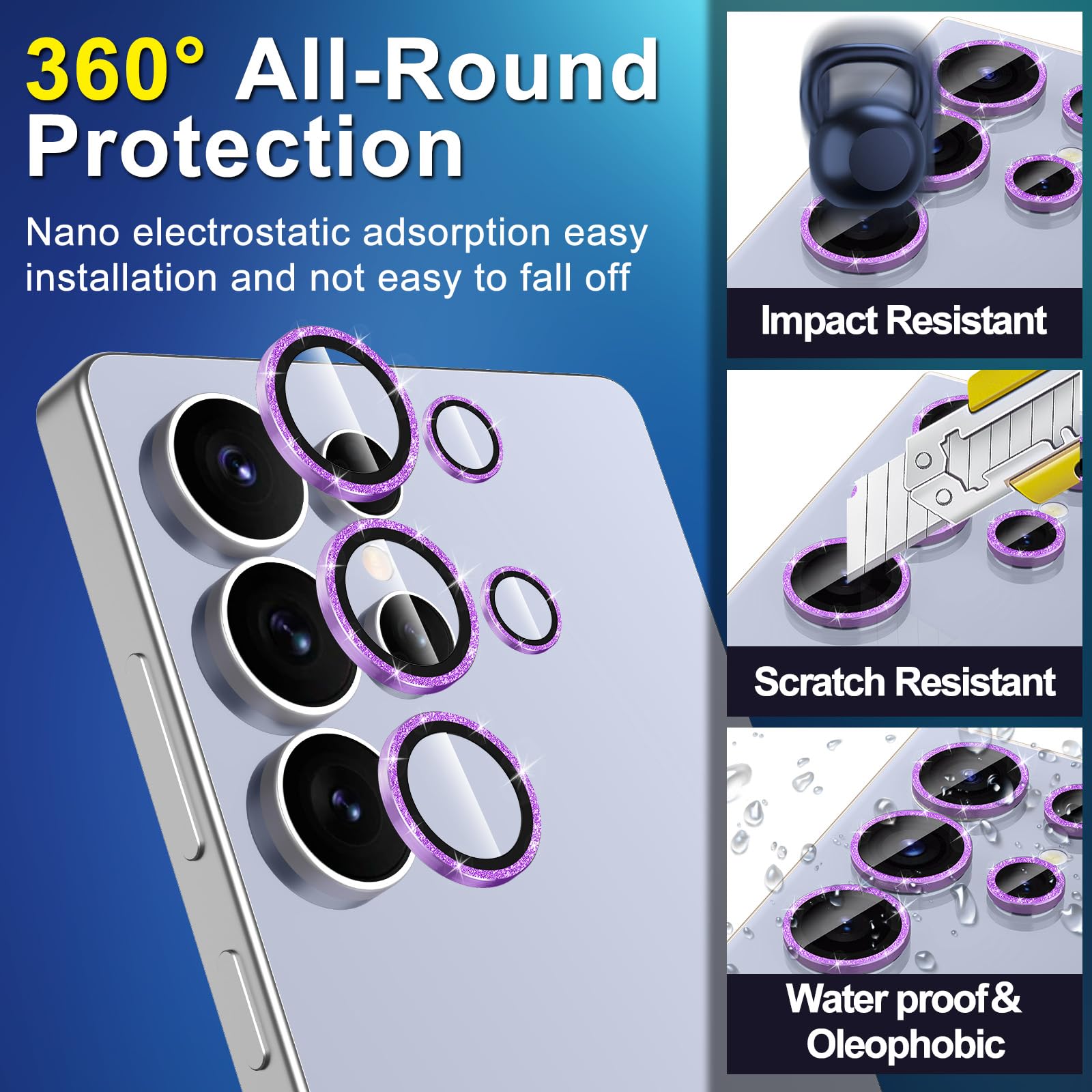 Avocase for Samsung Galaxy S25 Ultra Camera Lens Protector, Individual Metal Ring Tempered Glass Lens Cover, [Strong Adsorption] Scratch Resistant Ultra-Thin HD Clear Lens Cover, 1 Set-Purple Sparkly