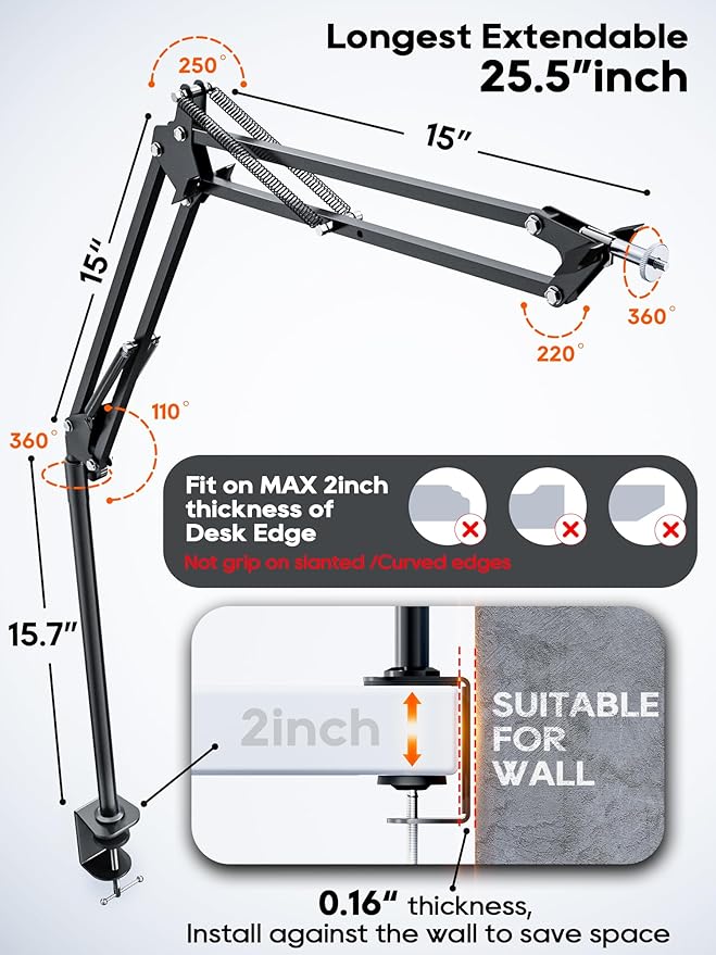 Overhead Camera Mount, 5lb Horizontal Load-Bearing, 360° Adjustable Stand for Desk, Flexible Arm Desk Mount, with Phone Clamp, Tabletop Mount for DSLR Camera/Webcam/Microphone（White