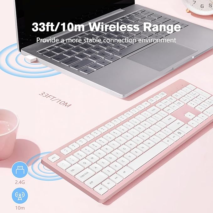 LeadsaiL Pink Wireless Keyboard, 2.4GHz Full-Sized Ergonomic Computer Keyboard, Cordless Noiseless Keyboard,12 FN Shortcuts for Windows MacOS Laptop Computer