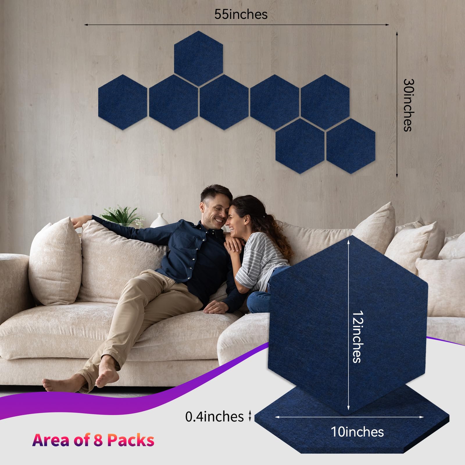 Mollywell Hexagon Acoustic Panels, Deep Blue, 8 Pack, 14x12 in