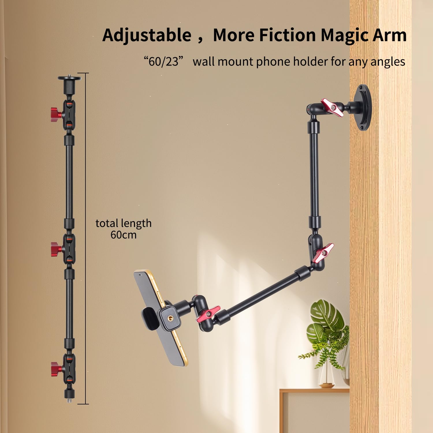 Wall Mounted Phone Holder Magic Arm 360° Rotation Adjustable Metal Base Screw in Wall Sturdy for Kitchen Bedroom Home 22 Inch ABS Phone Clip