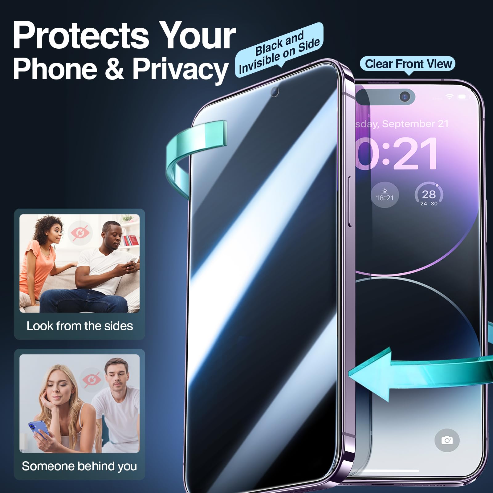 SMARTDEVIL 2 Pack Privacy Screen Protector for iPhone 14 Pro, 28° Anti-Spy 9H Tempered Glass, Impact & Scratch Resistant, Auto Dust & Bubble-Free Install Frame, Easy to Install, Case-Friendly