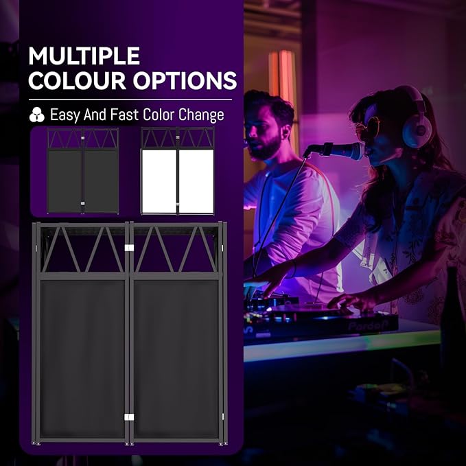 Portable DJ Booth Table,Foldable DJ Table Stand Portable with White & Black Scrim,Adjustable DJ Facade Table Station Triangle Plate Metal Frame DJ Table with Cable Hole for Private Events, Clubs, Bars