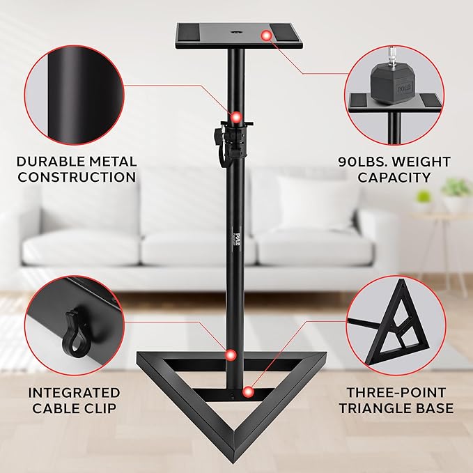 Pyle Speaker Stand Pair of Sound - Play 1 and 3 Holder, Telescoping Height Adjustable from 26” - 52” Inch, High Heavy Duty Three-point Triangle Base w/ Floor Spikes and 9” Square Platform, Black