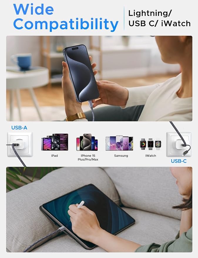 Multi Charging Cable for Apple Watch Charger iPhone Charger PD20W USB C/A Block Fast Charging Compatible with iWatch Ultra/SE/10/9/8/7/6/5/4/3/2/1 & iPhone 16/15/14/13/12/Galaxy S23-4FT